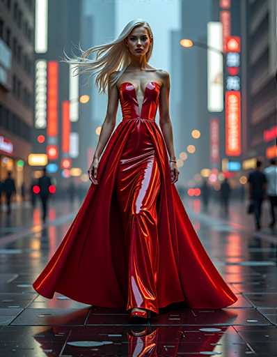 A woman is walking down a city street at night, wearing a long red dress and high heels that match the color of her hair. The background features tall buildings with neon signs, creating an urban atmosphere.