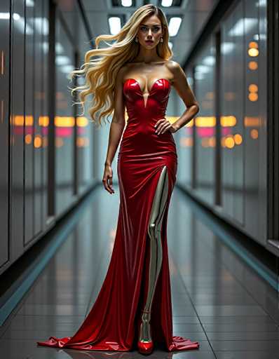 A woman is standing in an empty hallway with a red strapless dress featuring a deep V-neckline and split skirt. She has blonde hair styled in loose waves and is wearing high heels. The hallway features a tiled floor that reflects the light from above, creating a sense of depth and space.