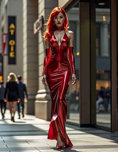 A woman wearing a red strapless dress with a high neckline and long sleeves is walking down the street. She has red hair and is carrying a purse. The background includes a building and other people walking on the sidewalk.