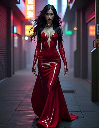 A woman is walking down an alleyway at night wearing a red strapless dress with a plunging neckline and long sleeves. The alleyway has a dark color scheme of black and white, and neon signs are visible in the background.