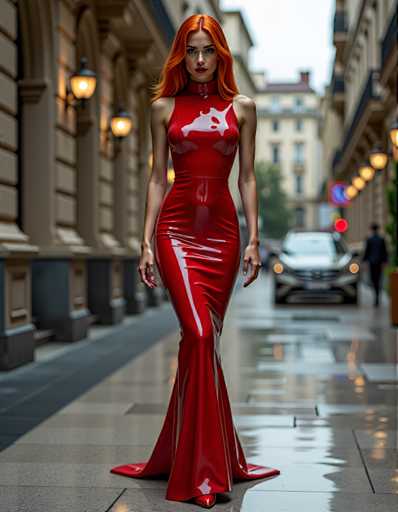 A woman wearing an orange dress with a high neckline and long train strides confidently down the street, her red hair contrasting against the backdrop of a building adorned with columns. The scene is set in an urban environment, with cars parked along the side of the road and other people visible in the background.