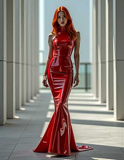 A woman with red hair and an orange dress is walking down a hallway in front of white columns.
