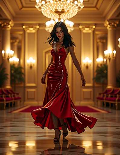 A woman is walking down a hallway with her hair styled in loose waves and wearing a red strapless dress that flows behind her as she moves. The room has gold columns and chandeliers hanging from the ceiling, creating an opulent atmosphere.