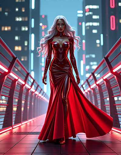 A woman is walking on a bridge at night with her hair styled in loose waves and wearing a red dress that flows behind her as she strides forward. The city skyline forms the backdrop of this scene, with buildings illuminated by neon lights against a dark sky.