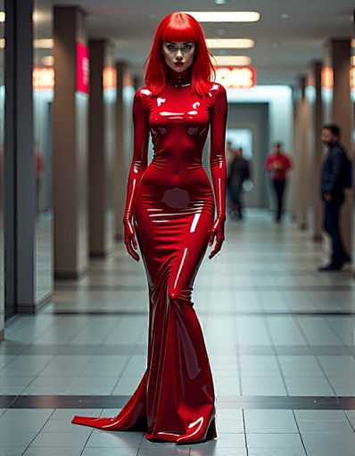 A woman wearing a red latex dress with long sleeves and high heels is standing on a tiled floor in an indoor space. The background shows other people walking by, suggesting the location could be a mall or public area.