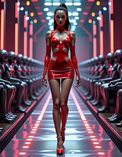 A woman wearing a red dress with cutouts on her chest and legs is walking down an illuminated hallway lined with rows of robots. The robots have glowing eyes and metallic bodies that reflect the light from above.