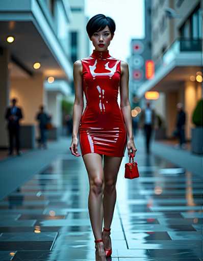 A woman is walking down a city street wearing a red strapless dress with a shiny finish and high heels. She carries a small purse on her shoulder as she walks past buildings of varying heights and designs.
