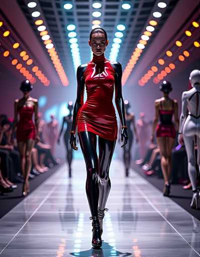 The image shows a runway show featuring models wearing red and black outfits with shiny surfaces that reflect the lights from above. The model is walking down the center of the runway, surrounded by other models in similar attire.