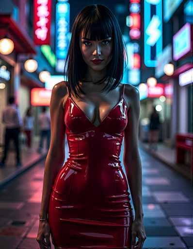 A woman is standing on a sidewalk at night, wearing a red dress and posing for the camera with her hands on her hips. The background features neon signs and buildings that illuminate the scene in a vibrant glow.