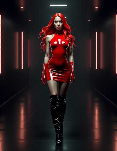 A woman with red hair and a red dress is walking down a hallway that has neon lights on the walls. She is wearing black boots and gloves.