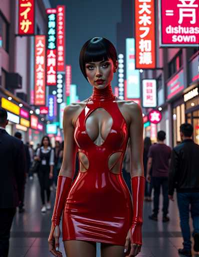 The image depicts a woman wearing a red dress with cutouts on the sides and high heels, standing confidently against a backdrop of neon signs and buildings that glow with bright lights. The woman is positioned in front of a store sign for "Dishwasherown", suggesting she may be in an urban setting or city center.