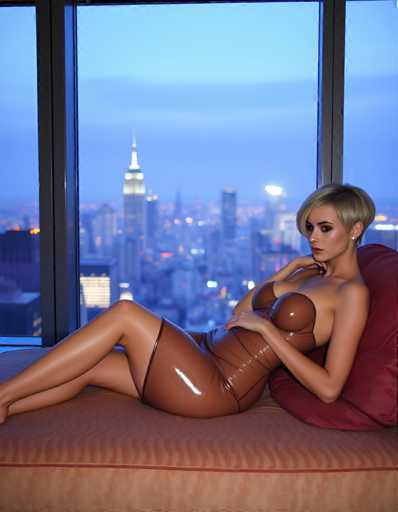 A woman is lounging on a red couch with her legs crossed and her arms resting on the armrests of the couch. She is wearing a brown latex dress that contrasts with the red couch she's sitting on. The window behind her offers a view of a city skyline, suggesting an urban setting.