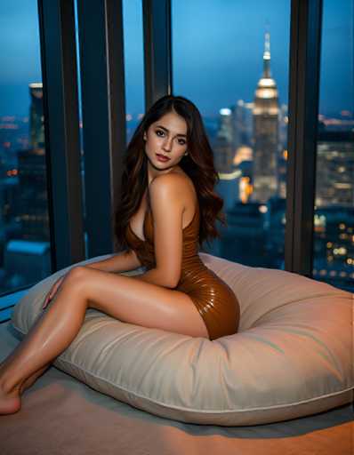 A woman is sitting on a white pillow with her legs crossed and wearing a brown leather outfit. She has long hair that falls over her shoulders. The setting appears to be indoors, possibly in a hotel room or studio space, as there are large windows visible behind the woman.