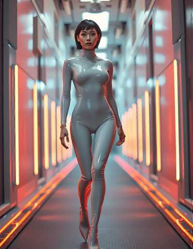 A woman is walking down an illuminated hallway with a futuristic design and neon lights on the walls. She is wearing a silver jumpsuit that reflects the light from the surrounding environment. The hallway appears to be empty apart from her, creating a sense of solitude in the space.