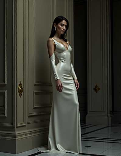 A woman is standing in front of a wall with her back turned towards the camera. She is wearing a long white dress that reaches down to her knees and has a plunging neckline. The floor beneath her feet is made of marble tiles, adding an elegant touch to the scene.