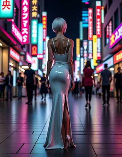 A woman wearing a white dress with a high slit and heels is walking down a busy city street at night. The street is lined with neon signs and buildings that glow brightly against the dark sky.