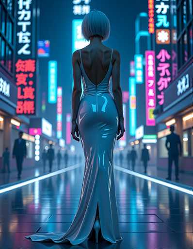 A woman wearing a long blue dress stands on a city street at night, with neon signs and buildings lining the road behind her.