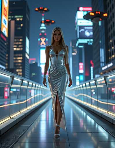 A woman is walking on an escalator at night in a city setting. She is wearing a silver dress and heels that reflect the light from the surrounding buildings. The background features tall buildings with illuminated signs and billboards, creating a vibrant urban atmosphere.