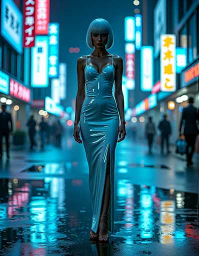 A woman with blue hair is walking down a city street at night, wearing a long, shiny dress and high heels. The background features neon signs and buildings illuminated by bright lights, creating a vibrant and dynamic urban atmosphere.