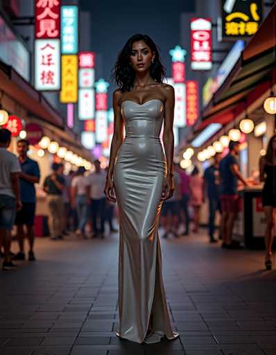 A woman is walking down a city street at night, wearing a long white strapless dress and high heels. The background features neon signs and buildings with various advertisements, creating an urban atmosphere.