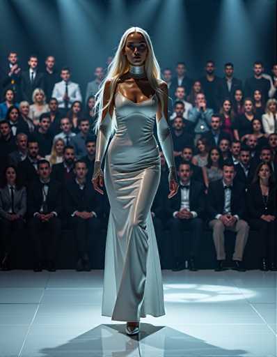 A woman is walking down a runway wearing a long white dress with a high neckline and corset. The audience behind her is seated on black chairs facing the stage where she is performing.
