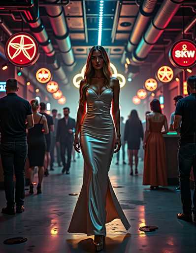 A woman is walking down a dimly lit hallway with neon signs and red lights casting an ethereal glow on the scene. She is wearing a long silver dress that flows behind her as she strides forward. The background is filled with other people, their forms slightly blurred due to the low angle of the shot.