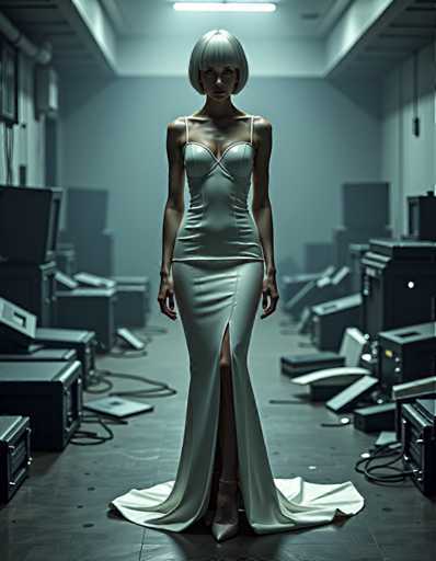 A woman stands confidently in an industrial setting, wearing a long white dress with a high slit and strappy heels. The room is filled with various pieces of equipment scattered around her, including black monitors and wires.