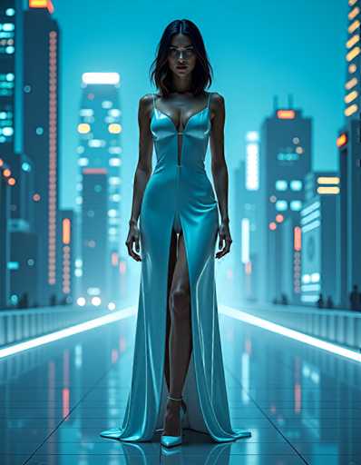 A woman is standing on a city street at night, wearing a long blue dress and high heels. The city around her is illuminated by bright lights from tall buildings that stretch into the distance.