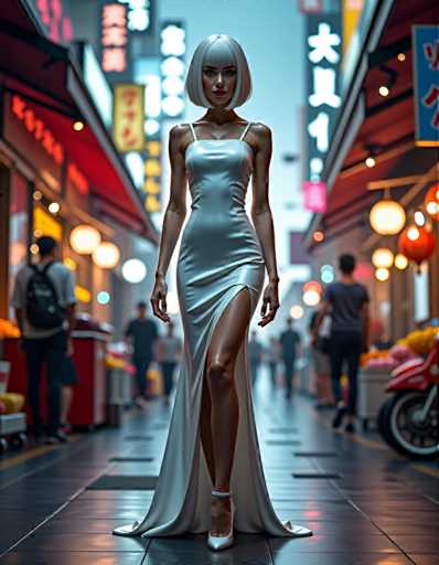 A woman is walking down a city street at night, wearing a long white dress and high heels. The background features neon signs and buildings with red lights, creating an urban atmosphere.