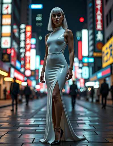 A woman is standing on a sidewalk at night in front of a building with neon signs and billboards. She is wearing a white dress that has a high slit down the middle and black heels. The background features buildings illuminated by bright lights, creating a vibrant cityscape atmosphere.