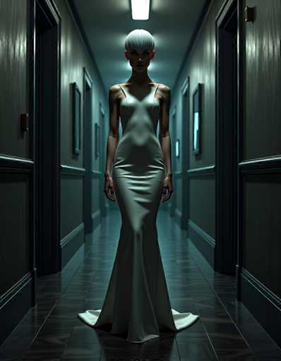 A woman stands alone in an empty hallway with a long white dress and blonde hair. The hallway is lined with black doors on both sides, creating a stark contrast against the light blue walls that reflect the soft glow of a single light fixture hanging from the ceiling.