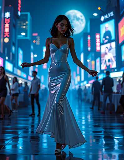 A woman is walking down a city street at night, wearing a long silver dress and high heels. The background features neon signs and buildings illuminated by bright lights, creating a vibrant atmosphere.