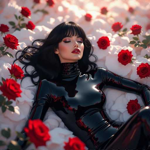 The image features a beautiful woman wearing black leather or latex clothing, lying down on her stomach among red roses. She has long hair and is looking up at the flowers surrounding her. The scene appears to be set in a garden with numerous red roses scattered throughout the area.