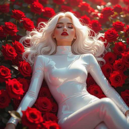 The image features a beautiful blonde woman wearing a white outfit, possibly a jumpsuit or a full-body suit. She is laying down on top of a bed filled with red roses, creating an elegant and romantic atmosphere. The woman's pose suggests that she might be posing for the photo, as her body is relaxed yet poised in the midst of the rose-filled bed.