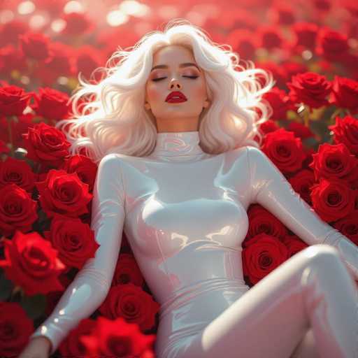 The image features a beautiful woman with blonde hair, wearing a white outfit and lying down among red roses. She appears to be in a relaxed position as she enjoys the beauty of her surroundings. The scene is set against a backdrop of numerous red roses, creating an enchanting atmosphere for this stunning portrait.