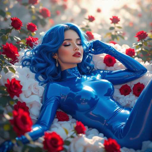 The image features a beautiful woman with blue hair and a shiny outfit, lying on her stomach in the middle of a bed filled with red roses. She is wearing gloves that add an elegant touch to her appearance. The setting appears to be a garden or flower field, as suggested by the presence of numerous roses surrounding her. This serene environment creates a sense of tranquility and beauty, highlighting the woman's striking blue hair and unique outfit.