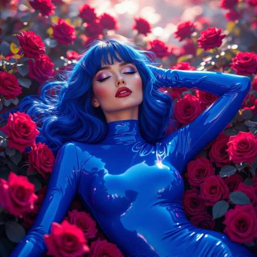 The image features a beautiful woman with blue hair and a blue outfit, lying down among red roses. She is wearing a tight-fitting blue dress that accentuates her figure. The woman's pose suggests she might be posing for the photo or simply enjoying the beauty of the flowers around her. The combination of her striking appearance and the vibrant colors of the roses creates an eye-catching and memorable scene.
