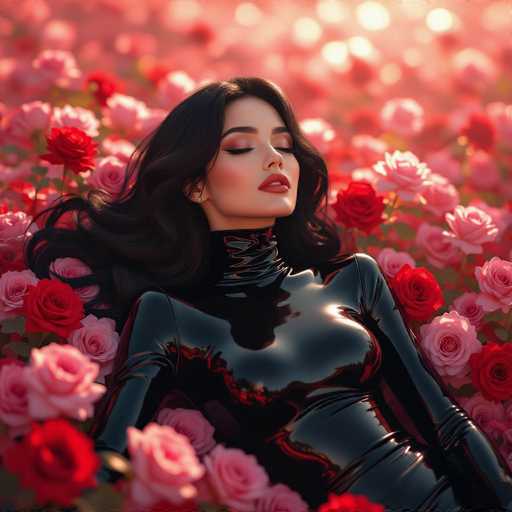 The image features a beautiful woman wearing black leather, possibly a form-fitting bodysuit. She is lying down in a field of red roses and appears to be enjoying her time among the flowers. The scene creates an atmosphere of elegance and romance as she gazes at the roses with a sense of tranquility.