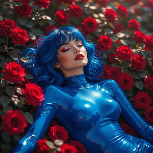 The image features a beautiful woman with blue hair lying on her stomach among red roses. She is wearing a shiny, futuristic-looking outfit that complements the vibrant colors of both the flowers and her hair. The scene appears to be set in an outdoor garden or park, as suggested by the presence of numerous roses surrounding the woman.