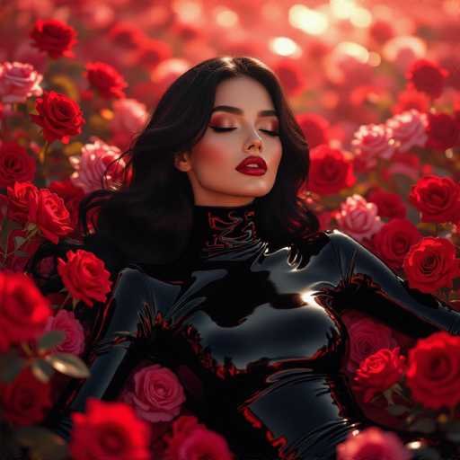 The image features a beautiful woman wearing black leather, which is reminiscent of the character "Black Cat" from the movie "La La Land". She is lying down in a field filled with red roses and appears to be enjoying her time amidst nature. The woman's striking appearance, combined with the vibrant colors of the roses, creates an enchanting and captivating scene that showcases both her elegance and the beauty of the surrounding environment.