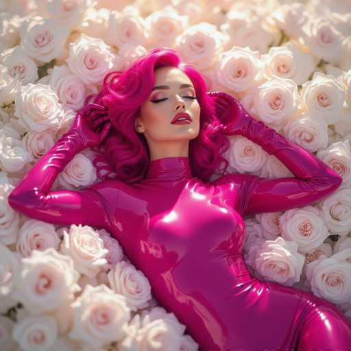 The image features a beautiful woman with pink hair lying on her stomach in the center of a field filled with white roses. She is wearing a shiny, metallic outfit that complements her vibrant hair color and adds to the overall visual appeal of the scene. The woman appears relaxed and comfortable as she enjoys her time surrounded by nature's beauty.