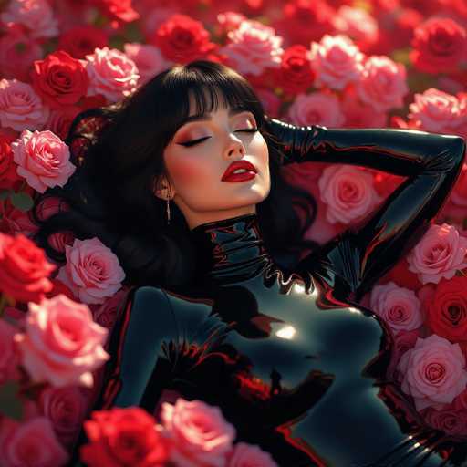 The image features a beautiful woman lying down in a bed of red roses. She is wearing black leather, which contrasts with the vibrant color of the roses surrounding her. The woman's pose and expression convey a sense of elegance and confidence as she enjoys this luxurious setting.