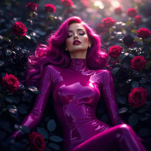 The image features a beautiful woman with long, vibrant red hair wearing a shiny, metallic outfit. She is lying down in the middle of a garden filled with roses and other flowers, creating an enchanting atmosphere. The woman's striking appearance and her position among the flowers make for a captivating scene that showcases both her beauty and the natural surroundings.