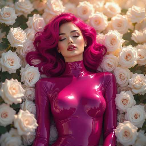 The image features a beautiful woman with pink hair lying on her stomach in the middle of a field filled with white roses. She is wearing a shiny, metallic outfit that reflects light and adds to the overall visual appeal of the scene. The combination of the vibrant pink hair and the elegant rose garden creates an eye-catching and captivating image.