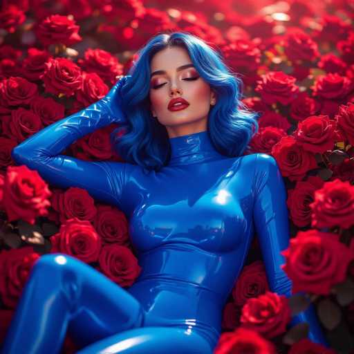 The image features a beautiful woman wearing blue latex clothing, which is predominantly blue in color. She has long hair and is posing for the picture while sitting among red roses. The scene appears to be set outdoors with an abundance of red roses surrounding her. The woman's pose and attire create a striking contrast between her outfit and the vibrant flowers around her.