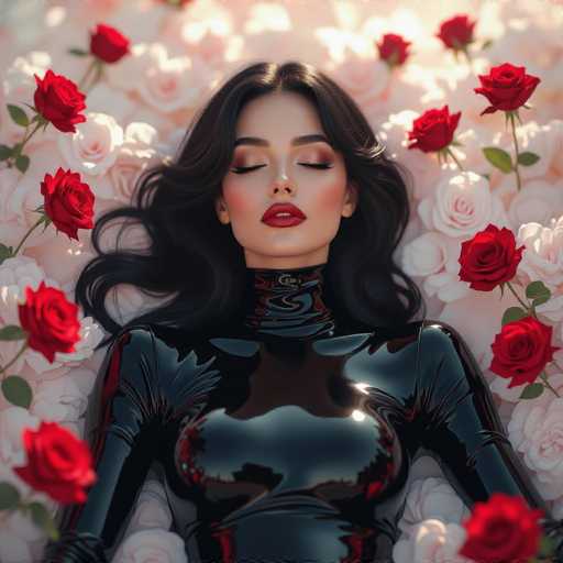 The image features a beautiful young woman lying down in the center, surrounded by an abundance of red roses. She is wearing black leather and has her eyes closed, giving off a serene and peaceful vibe. The roses are scattered around her, with some located close to her body while others are placed further away from her. This scene creates a sense of harmony between nature and the woman, as she appears to be at one with the flowers in their natural environment.