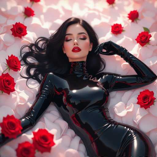 The image features a beautiful woman wearing a black leather outfit, which includes a corset and gloves. She is lying down on her stomach with her arms resting above her head, surrounded by an abundance of red roses. The roses are scattered around the woman in various sizes and positions, creating a visually striking scene that complements her elegant attire.