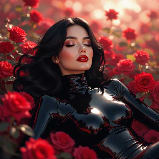The image features a beautiful woman wearing black leather, with her hair styled in an updo. She is lying down among red roses and appears to be enjoying the moment. The scene suggests that she might be posing for a photoshoot or simply relaxing amidst nature's beauty.