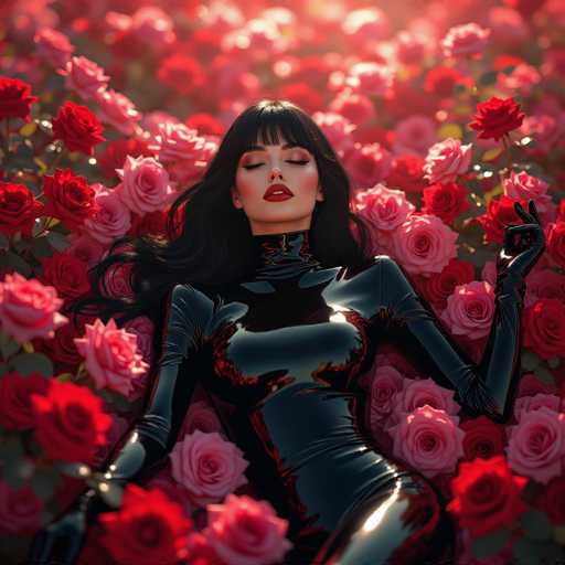 The image features a woman wearing a black outfit, possibly a leather jumpsuit or bodysuit. She is lying down in the middle of a field filled with red roses and other flowers, creating an artistic and visually striking scene. The woman's pose suggests she might be posing for a photoshoot or simply enjoying her time surrounded by nature.