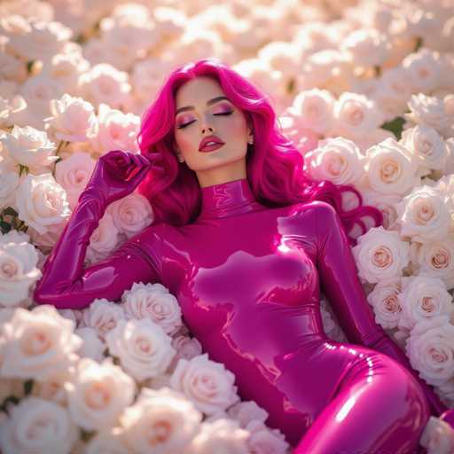 The image features a beautiful woman with pink hair and a shiny, metallic outfit. She is lying down in the middle of a large field filled with numerous white roses. The woman appears to be posing for a photo or enjoying her time surrounded by the flowers. Her striking appearance and unique attire make this scene particularly captivating and memorable.